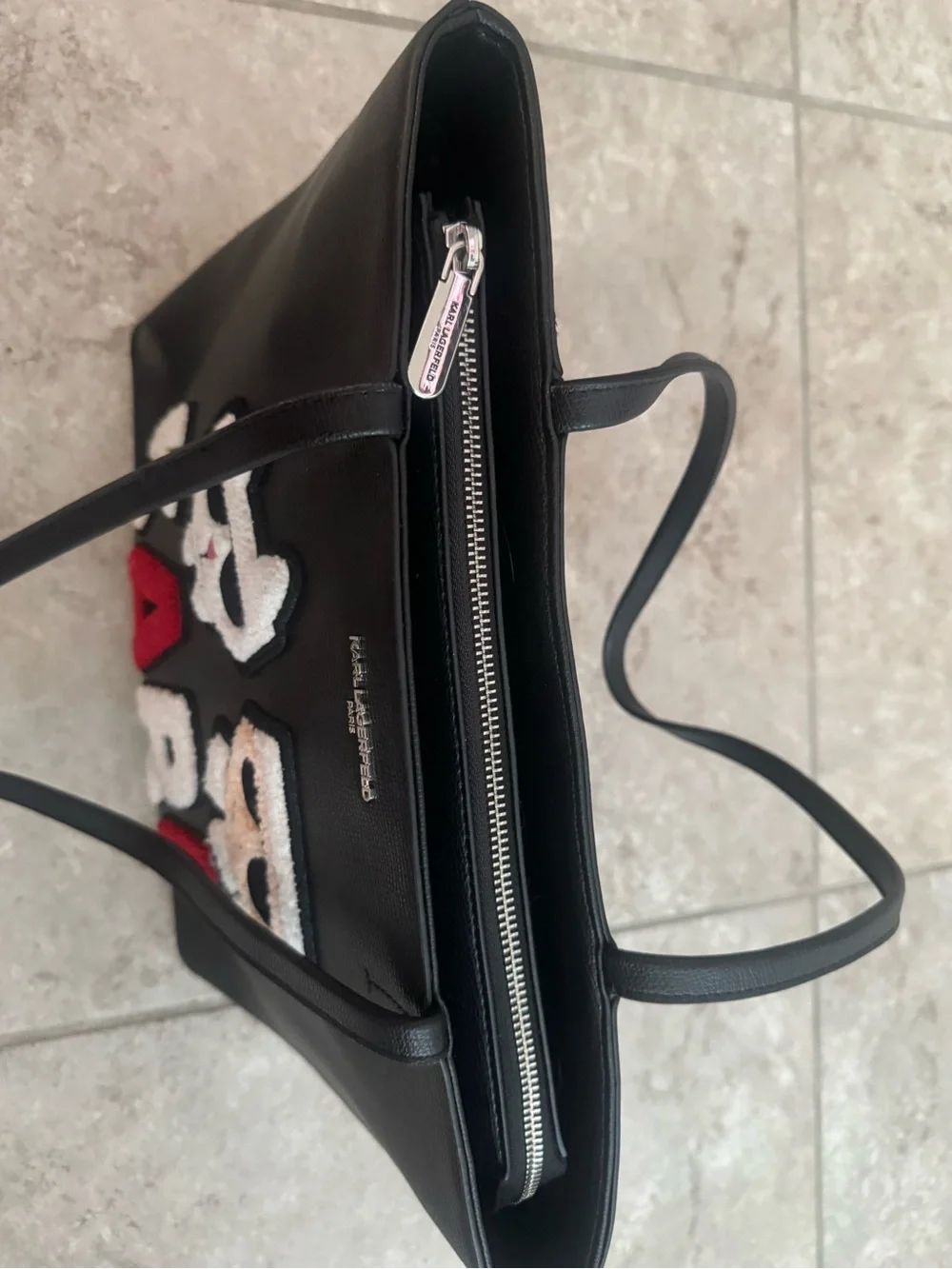 Karl Lagerfeld Maybelle Black Tote with White and Red 'KARL' Appliqué